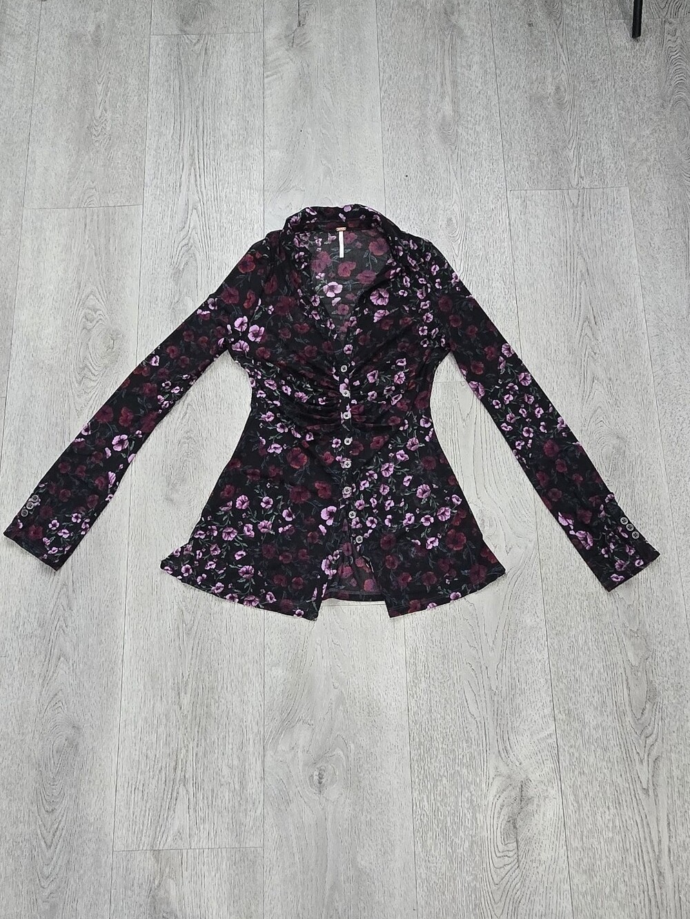 Free People Lucky Shirtee Black Bloom Floral Mesh Ruched Button Front M - Picture 13 of 14